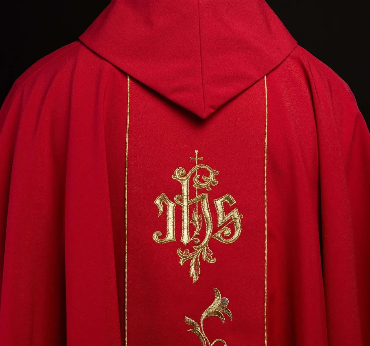 Red IHS embroidered chasuble with ornaments