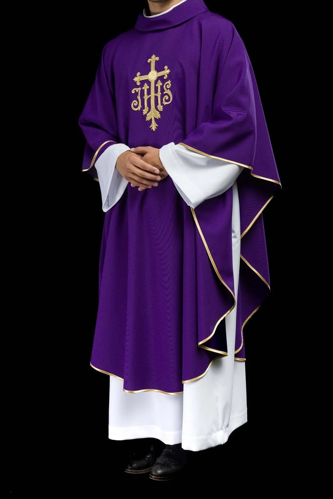 Purple embroidered chasuble with cross and JHS