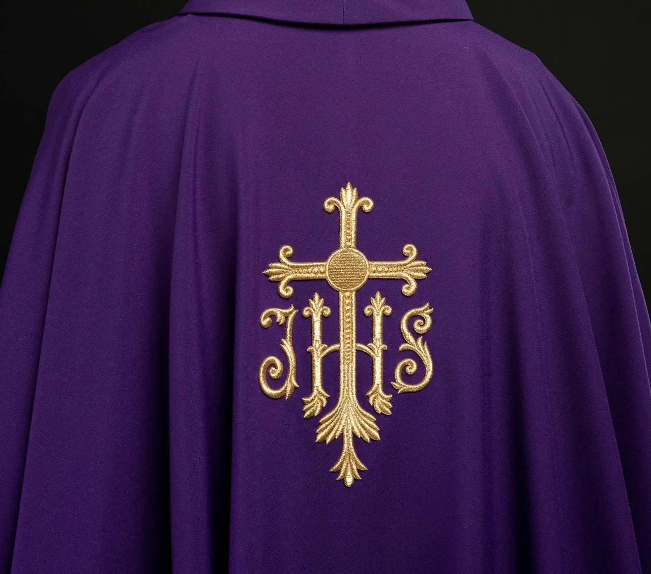 Purple embroidered chasuble with cross and JHS