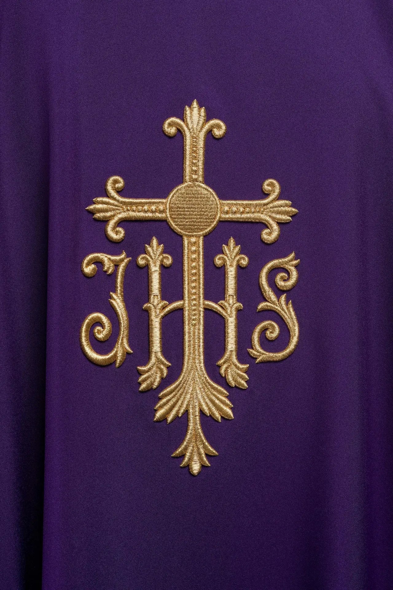 Purple embroidered chasuble with cross and JHS