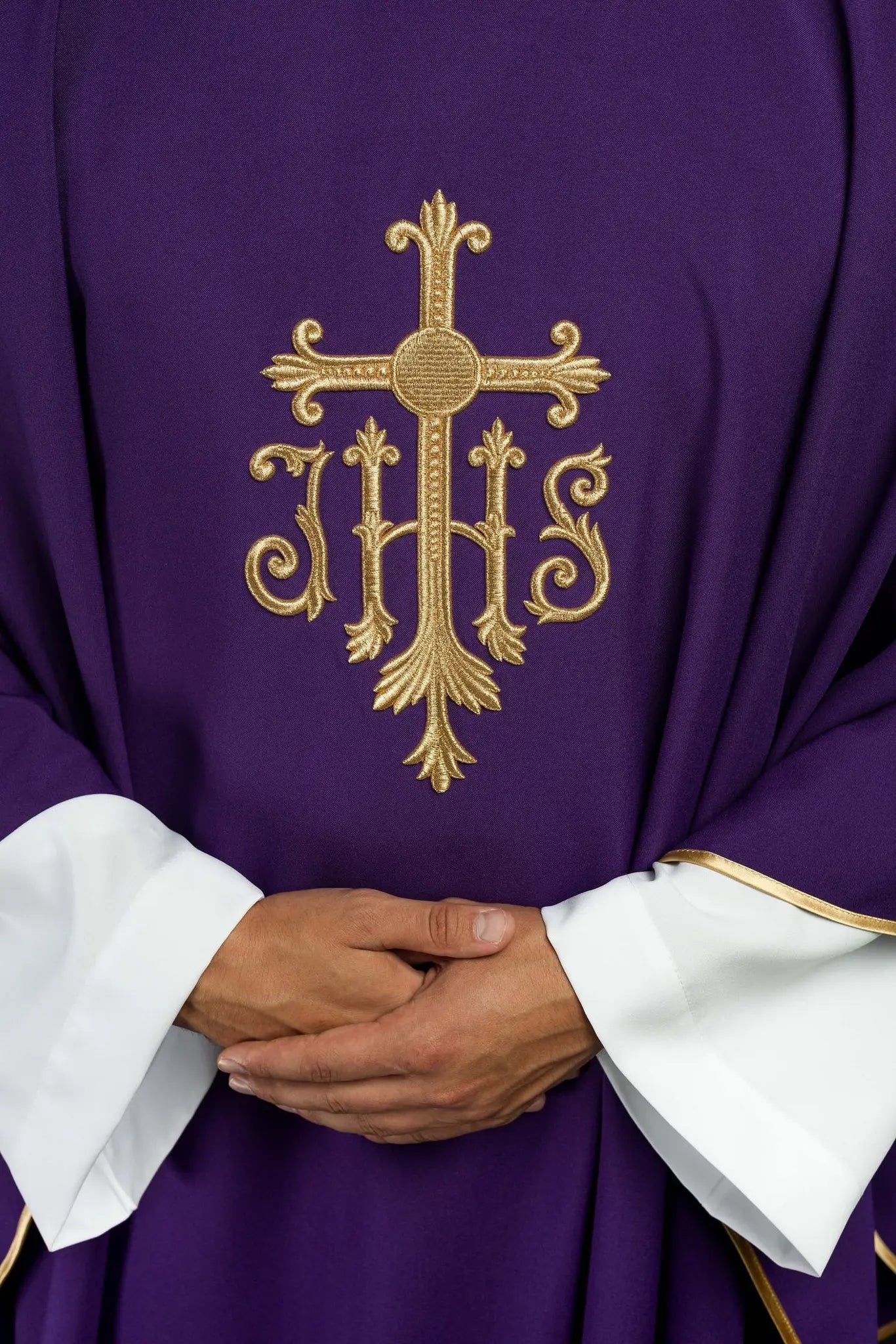 Purple embroidered chasuble with cross and JHS