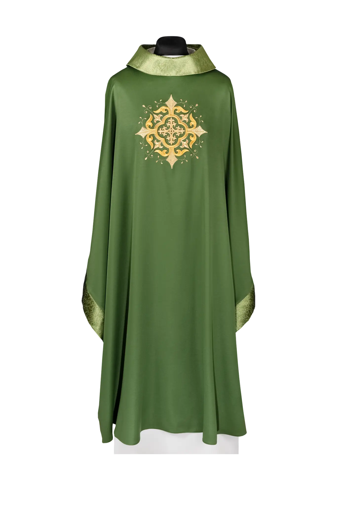 Liturgical chasuble with an embroidered cross motif and elaborate finishing in green