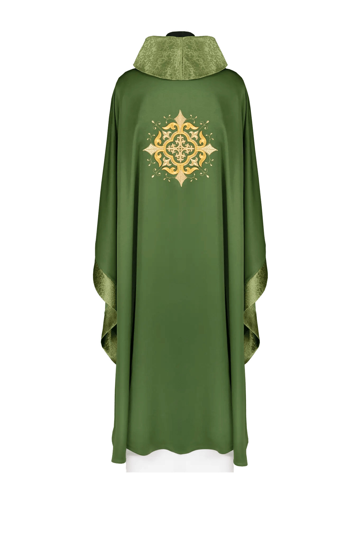 Casulla litúrgica con motivo de cruz bordada y acabado elaborado en verde