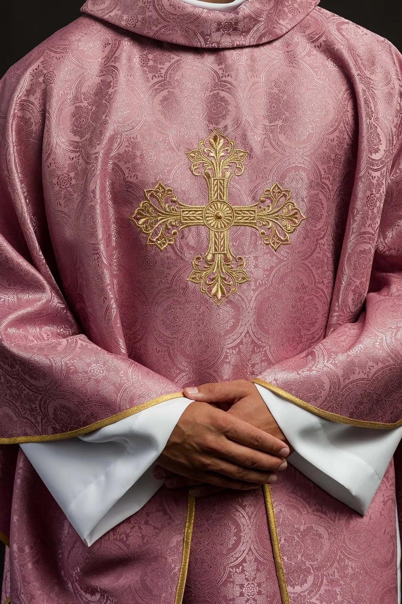 Casulla rosa con cruz hecha de tela estampada