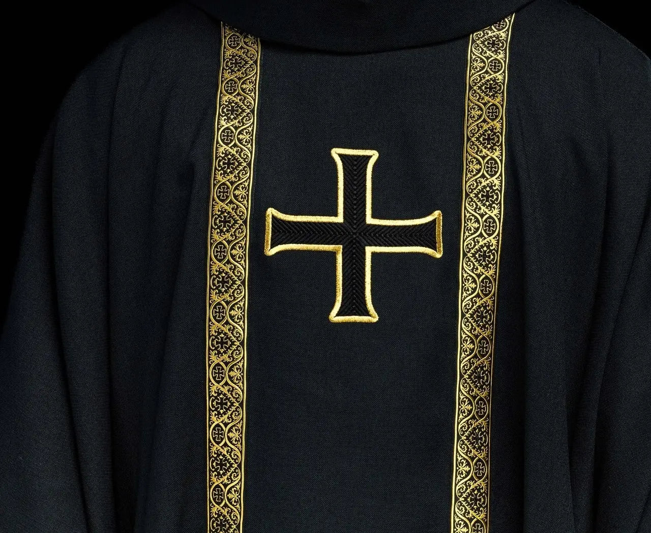 Black liturgical chasuble with embroidered cross and jacquard bands