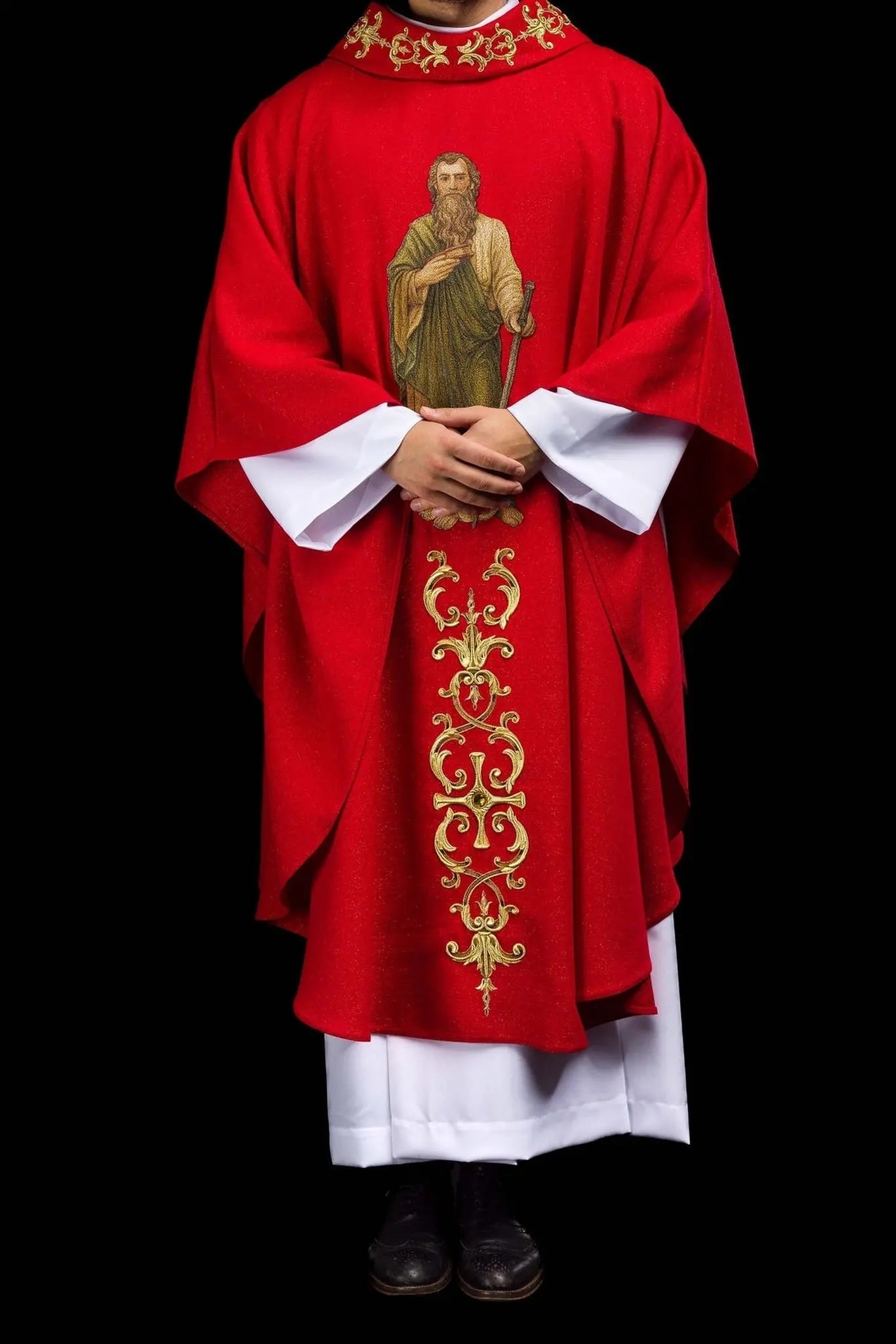 Richly embroidered chasuble with the image of Saint Paul red