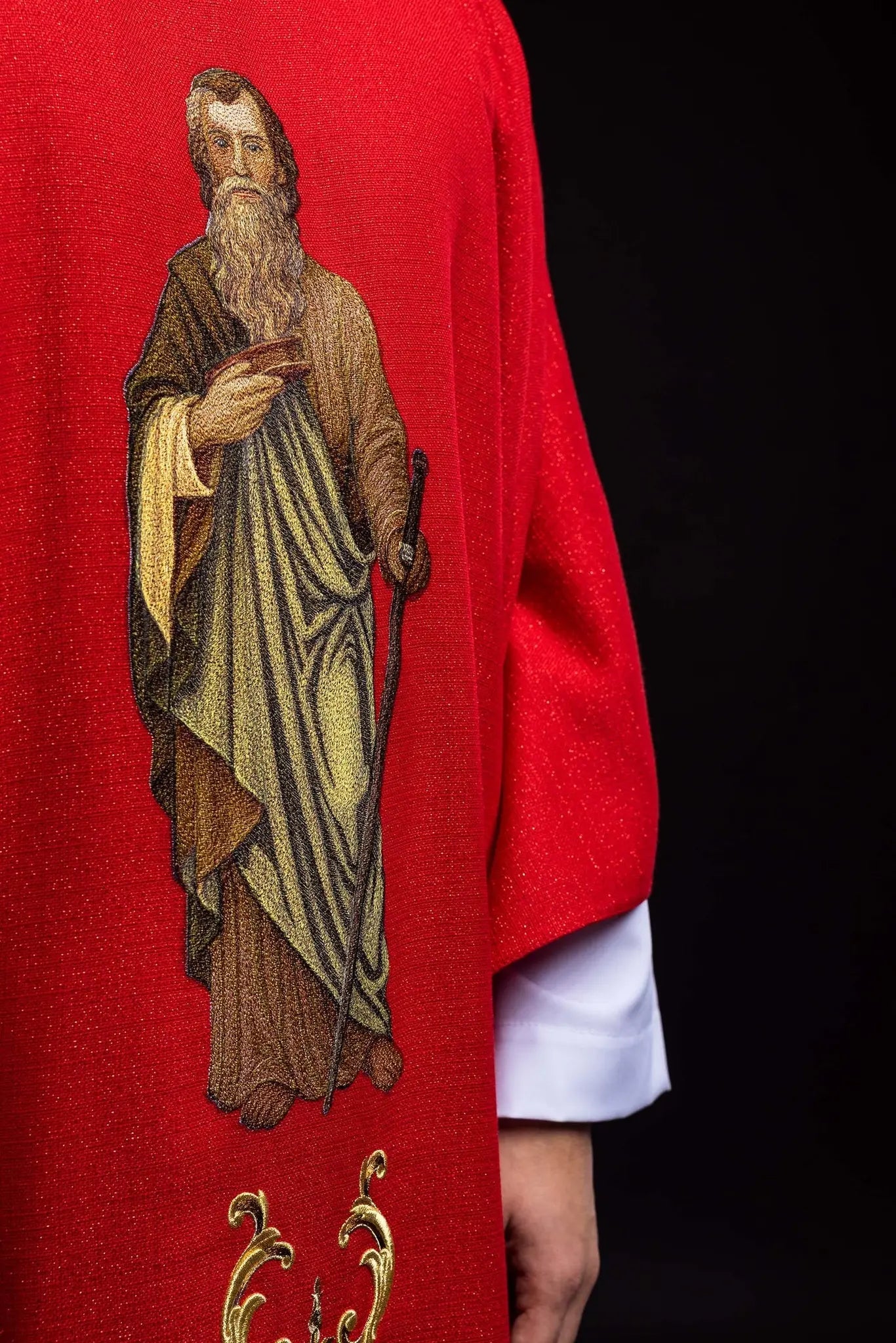 Richly embroidered chasuble with the image of Saint Paul red