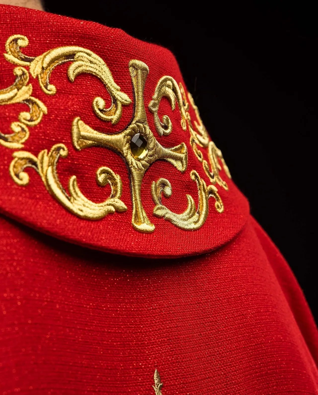 Richly embroidered chasuble with the image of Saint Paul red