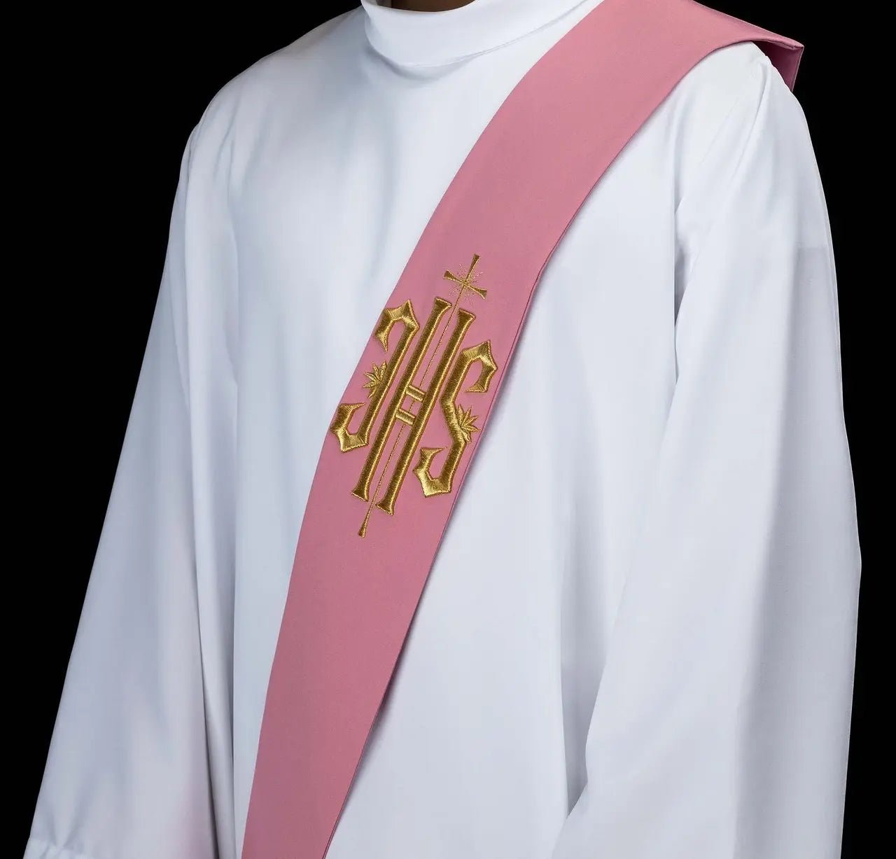 Estola de Diácono Rosa con Bordado de IHS y Cruz