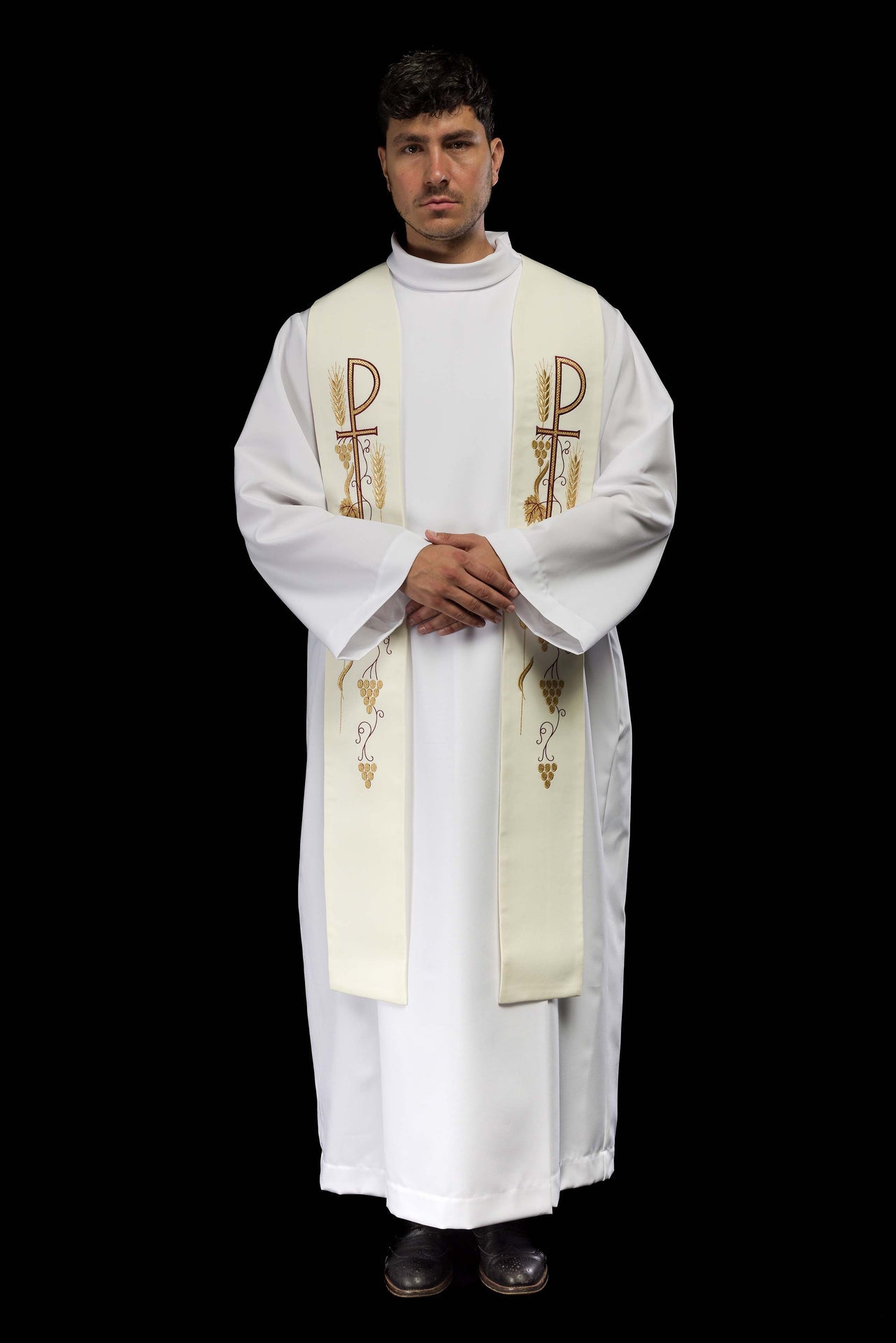 Stuła kapłańska haftowana krzyż z winogronami ecru - ORNATY.PL