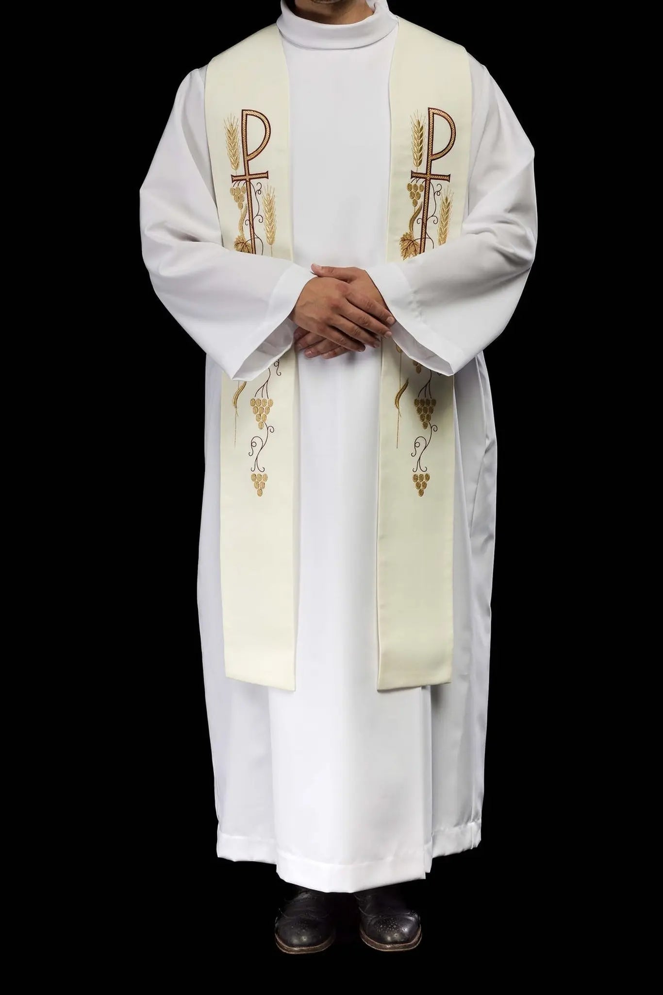 Estola sacerdotal bordada con cruz y uvas ecru
