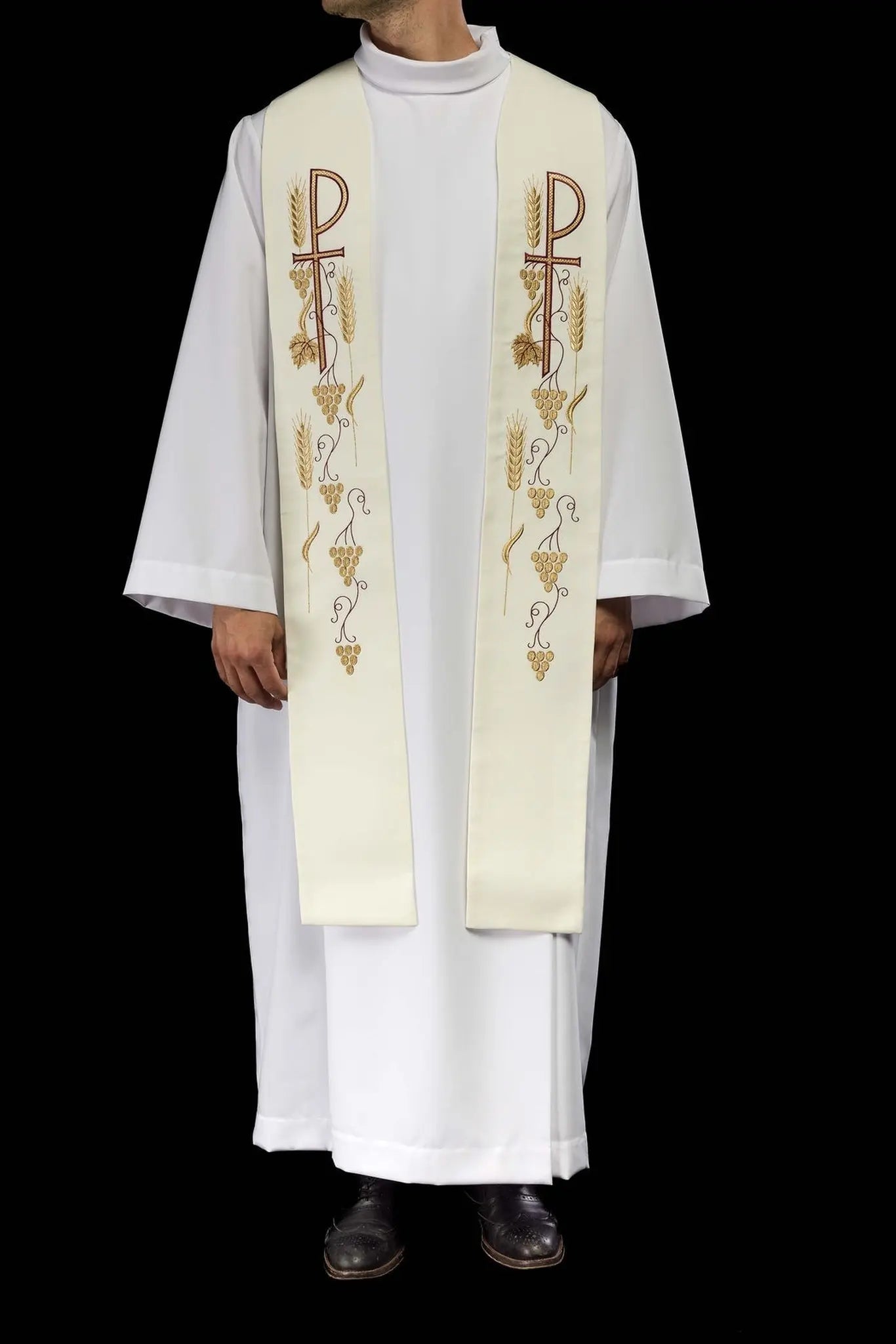 Estola sacerdotal bordada con cruz y uvas ecru