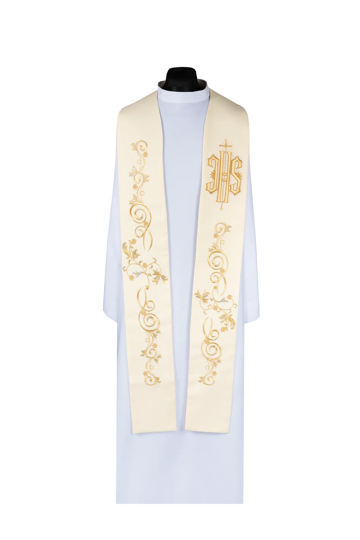 Embroidered priest stole with IHS symbol ecru