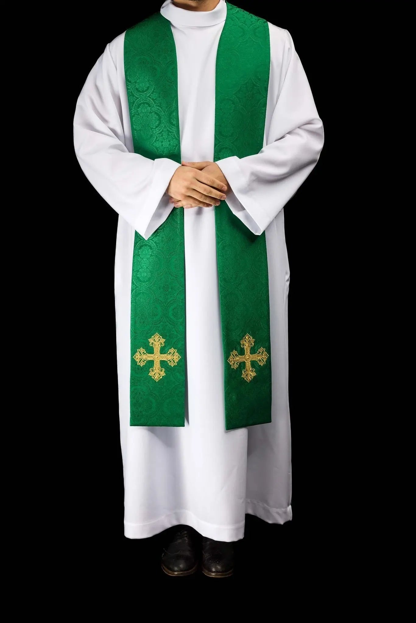Green Jacquard Stole with Gold Cross Embroidery
