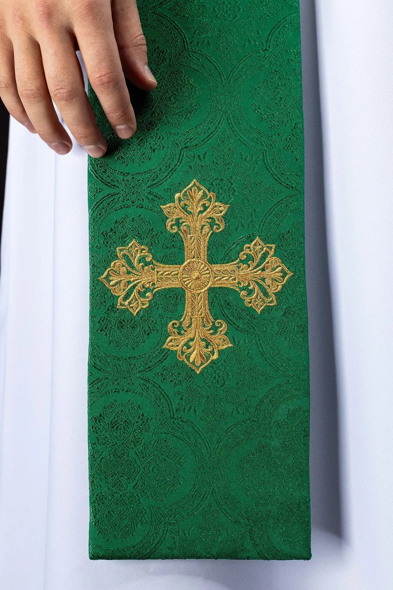Green Jacquard Stole with Gold Cross Embroidery