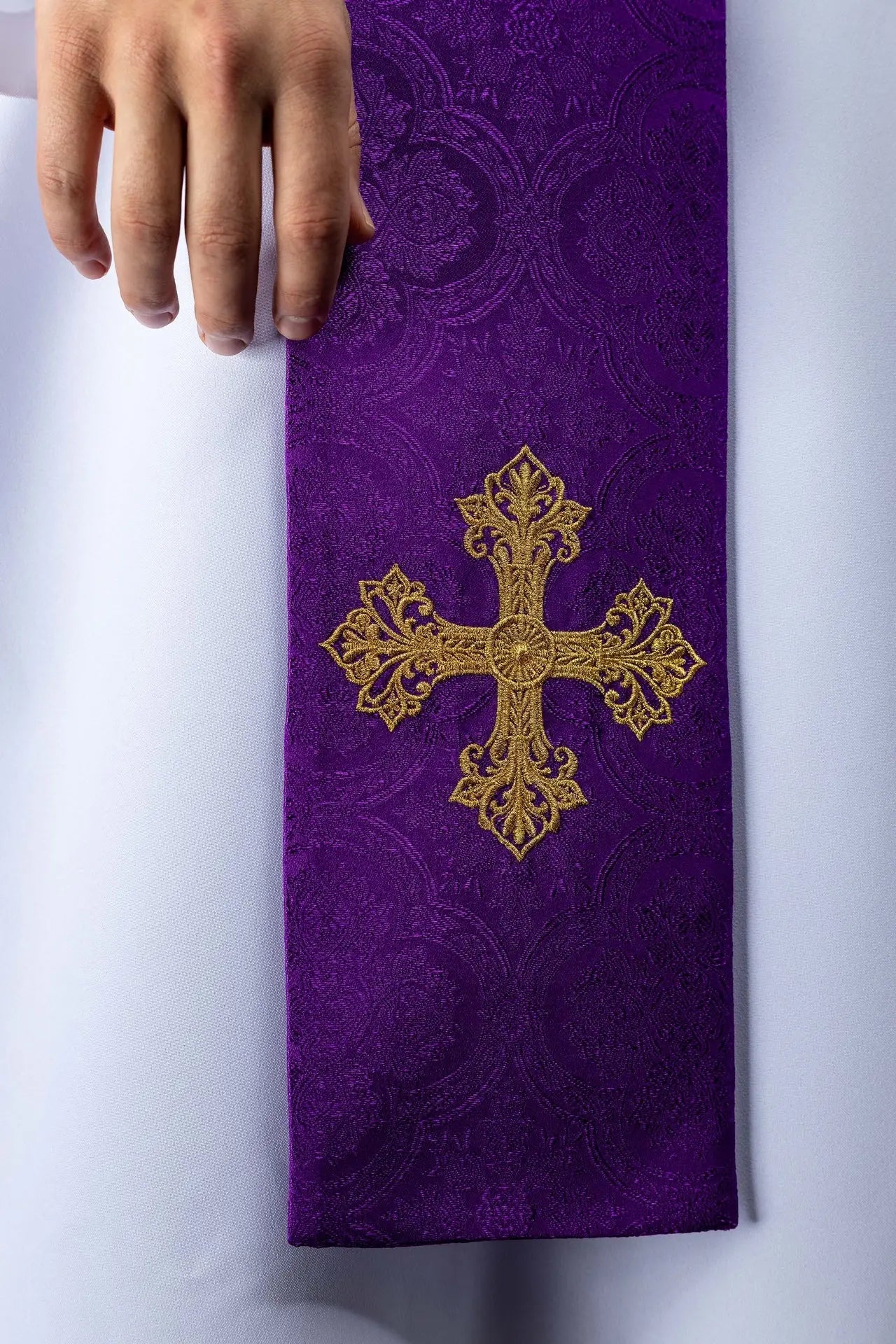 Purple Jacquard Stole with Gold Cross Embroidery