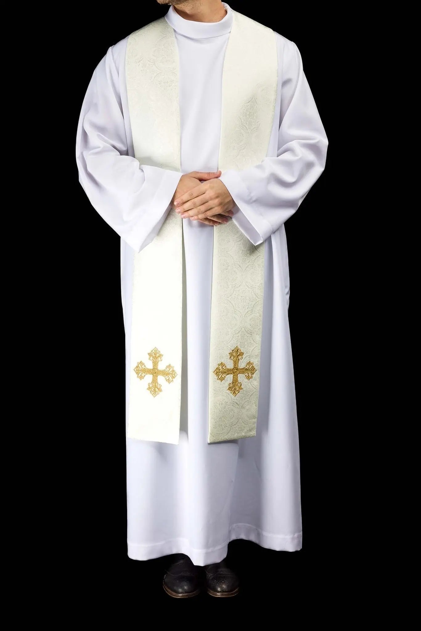 Ecru Jacquard Stole with Gold Cross Embroidery