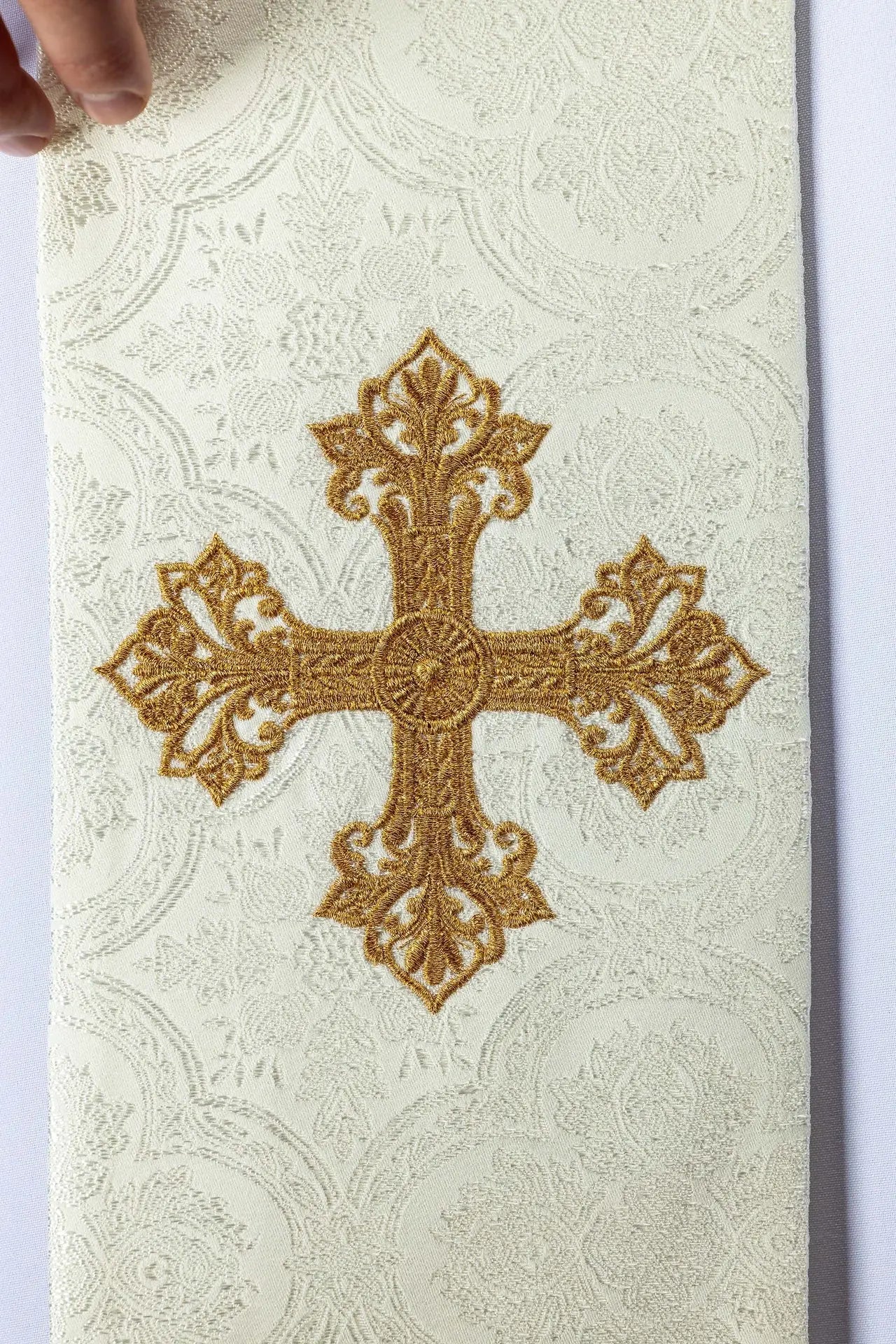 Ecru Jacquard Stole with Gold Cross Embroidery