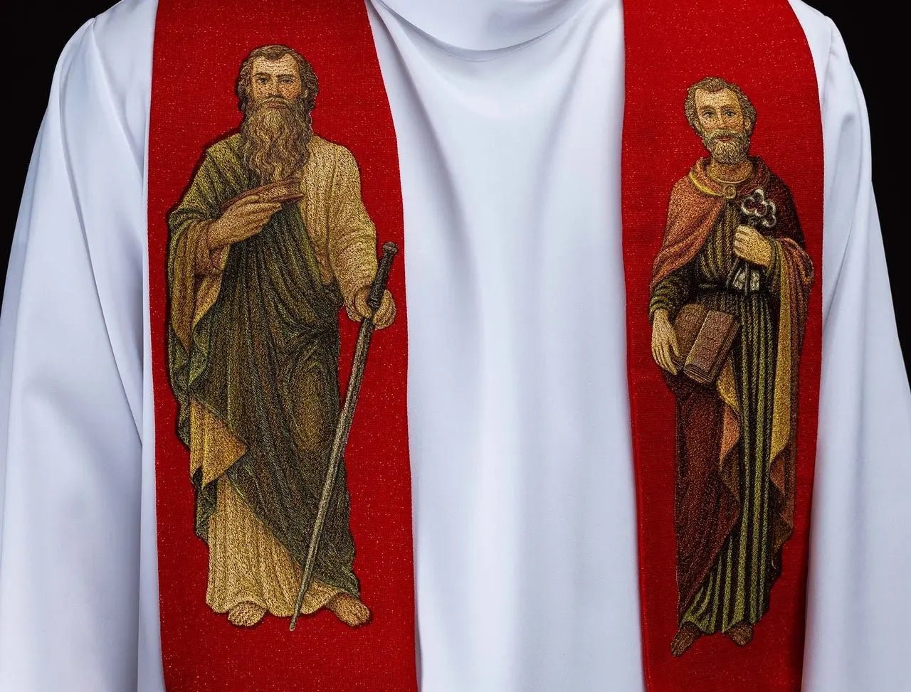 Estola roja con imágenes bordadas de los santos Pedro y Pablo