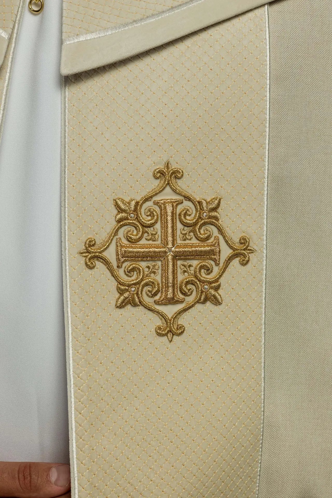 Liturgical Cope with Ecru Velvet Band and Cross Embroidery