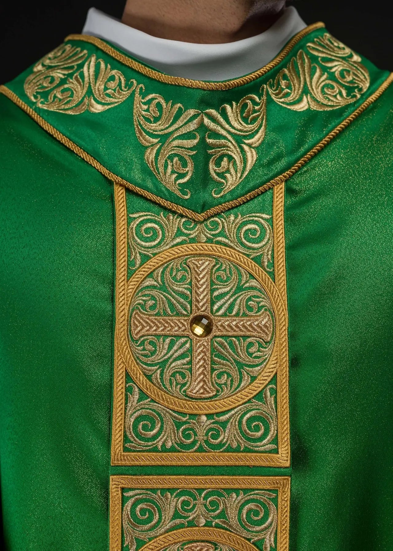 Green Chasuble with Rich Embroidery and Decorative Stones