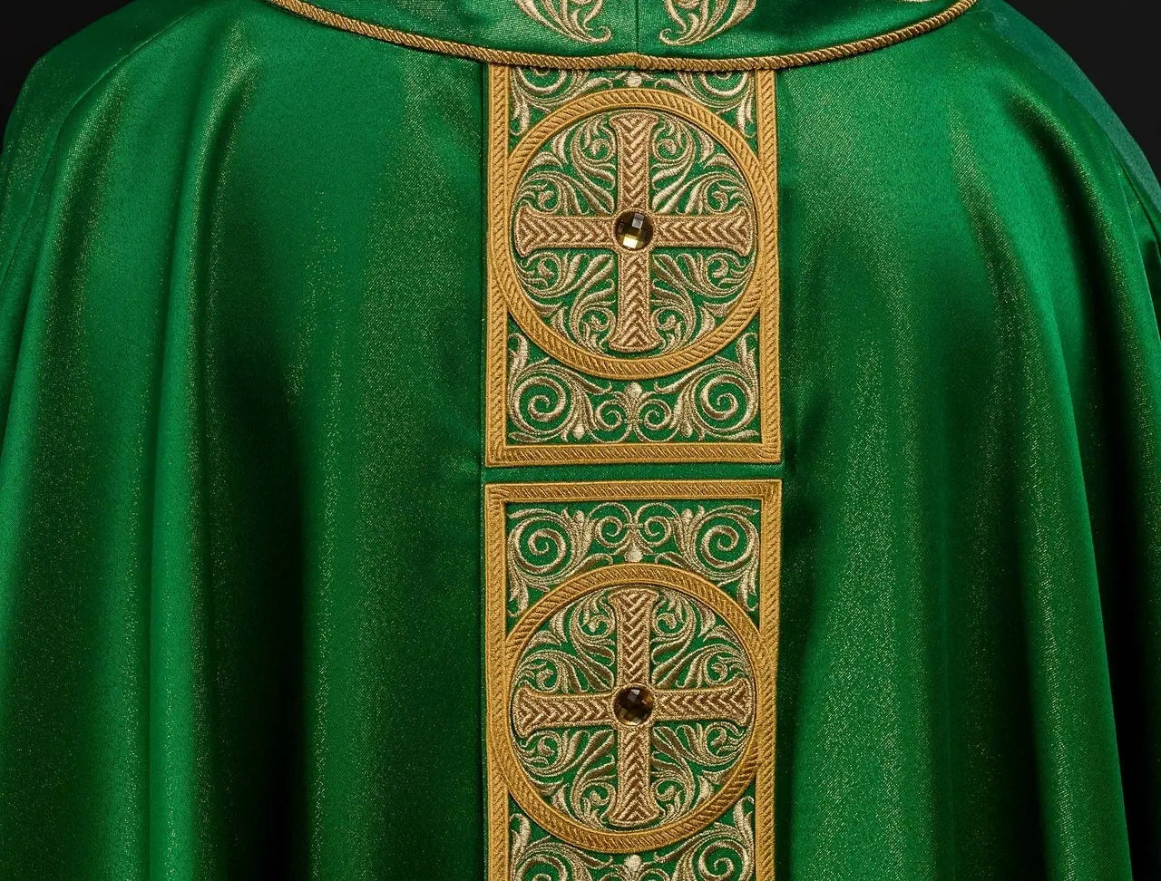 Green Chasuble with Rich Embroidery and Decorative Stones