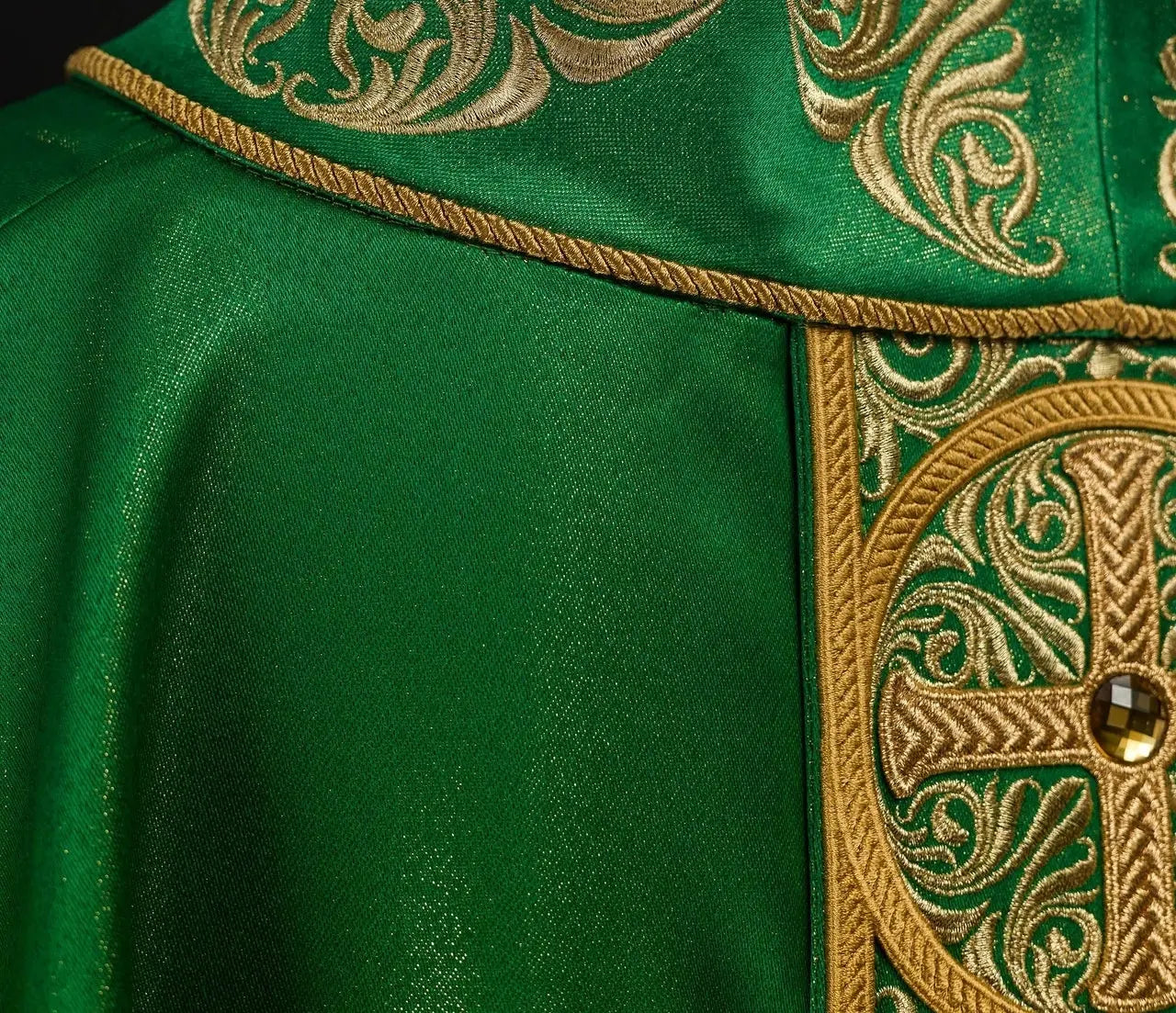 Green Chasuble with Rich Embroidery and Decorative Stones