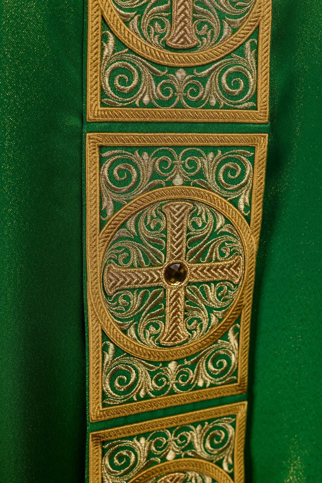 Green Chasuble with Rich Embroidery and Decorative Stones