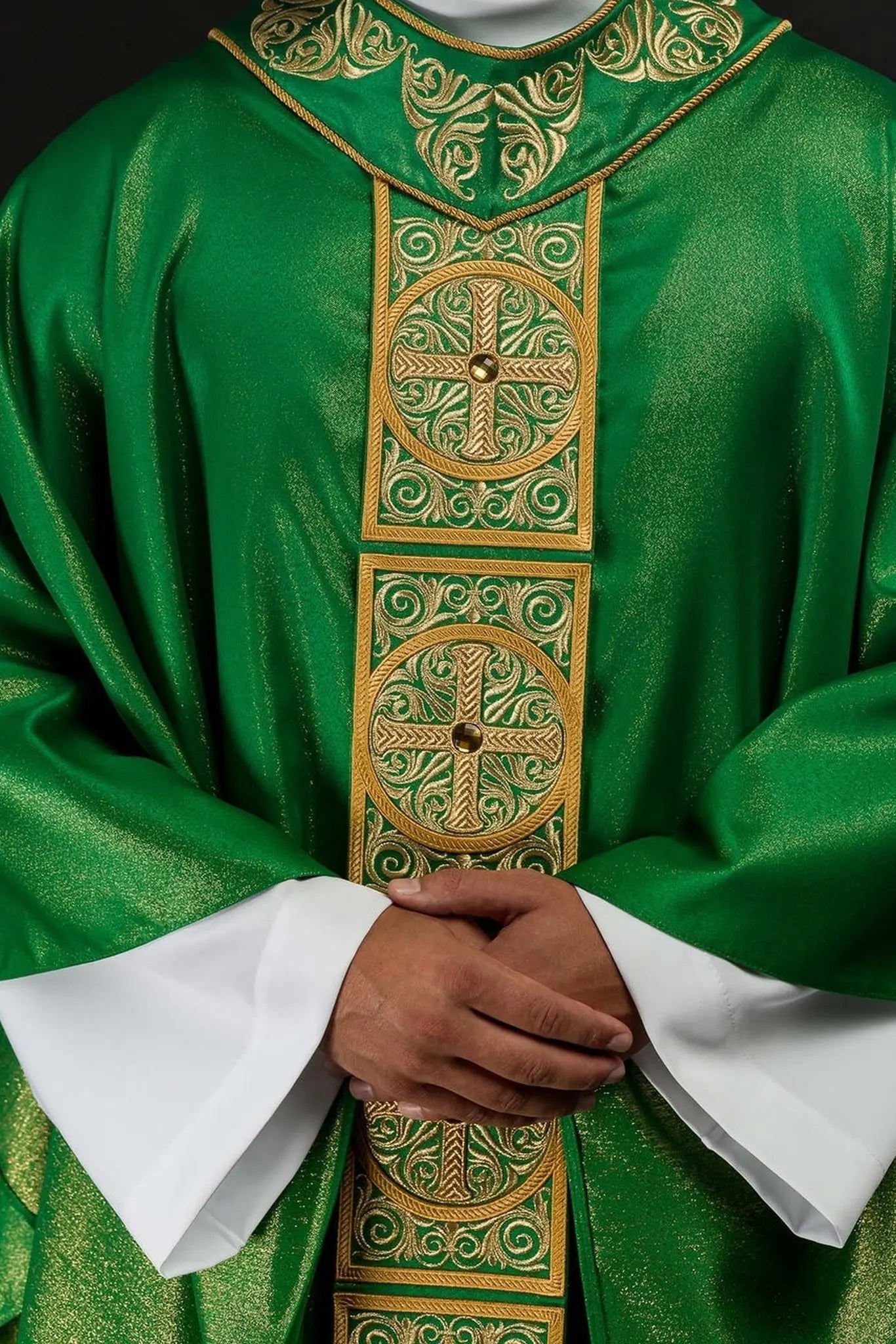 Green Chasuble with Rich Embroidery and Decorative Stones