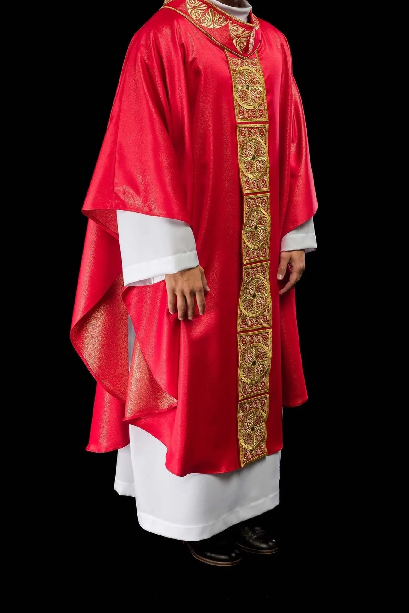 Red Chasuble with Rich Embroidery and Decorative Stones