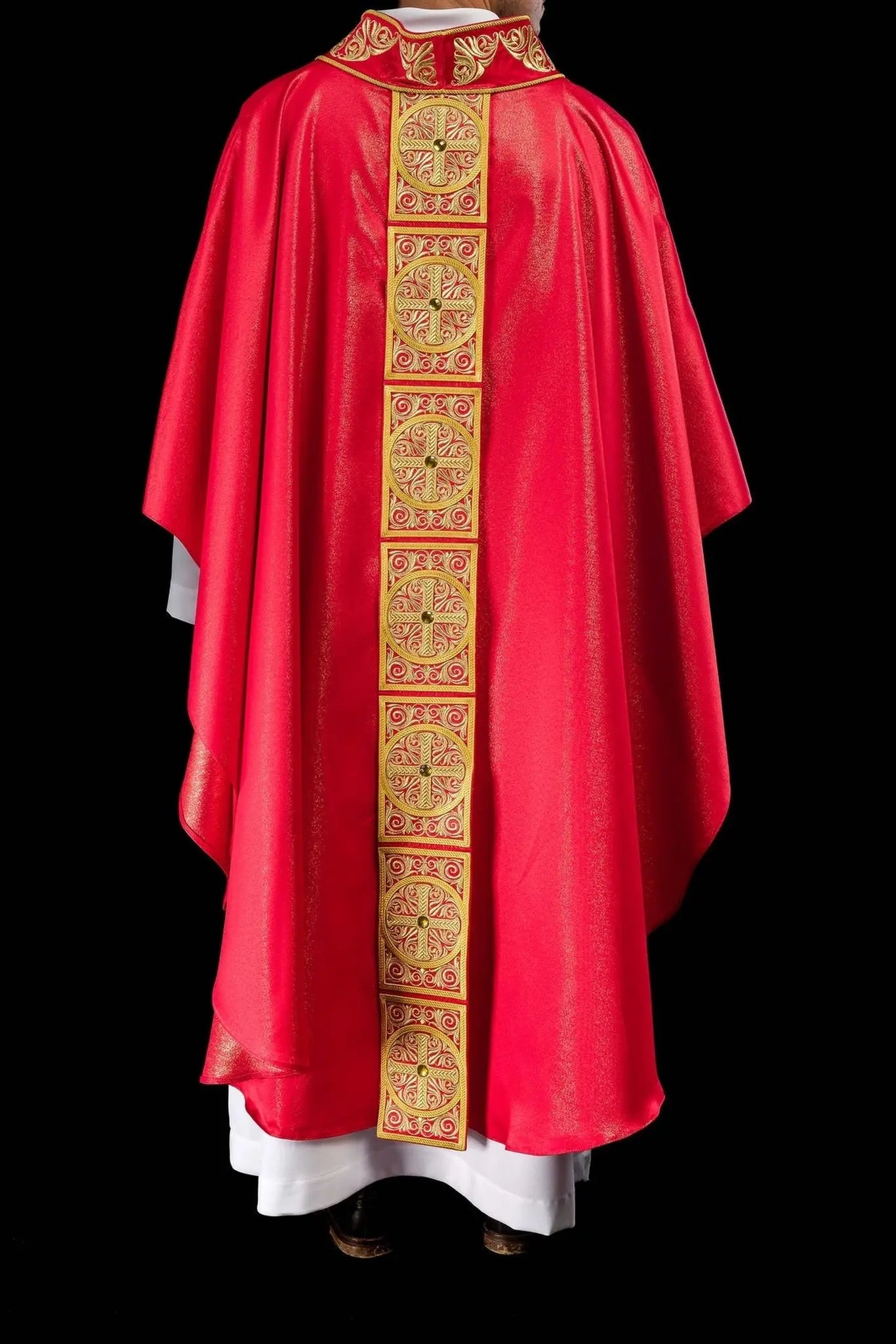 Red Chasuble with Rich Embroidery and Decorative Stones