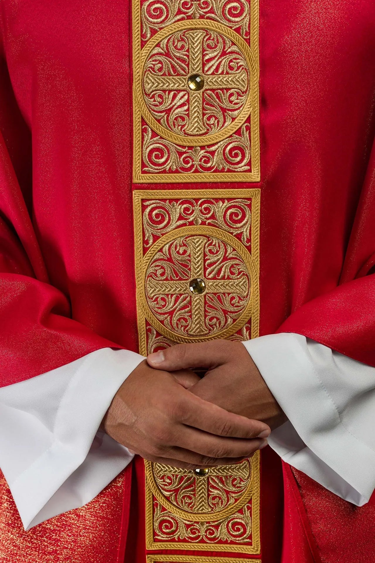 Red Chasuble with Rich Embroidery and Decorative Stones