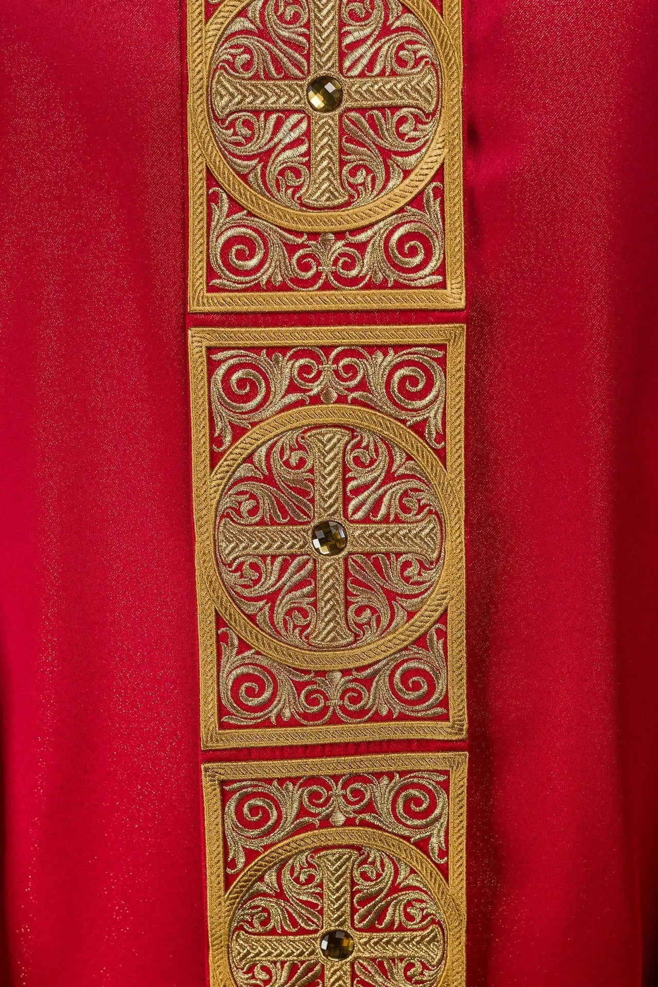 Red Chasuble with Rich Embroidery and Decorative Stones