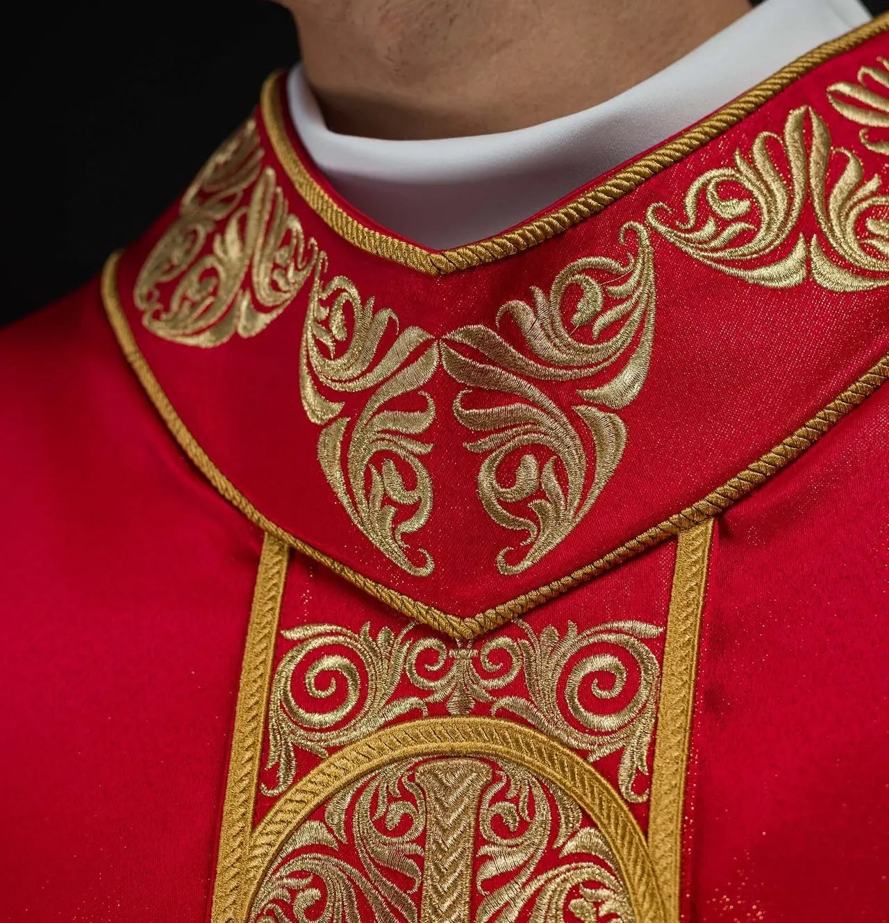 Red Chasuble with Rich Embroidery and Decorative Stones