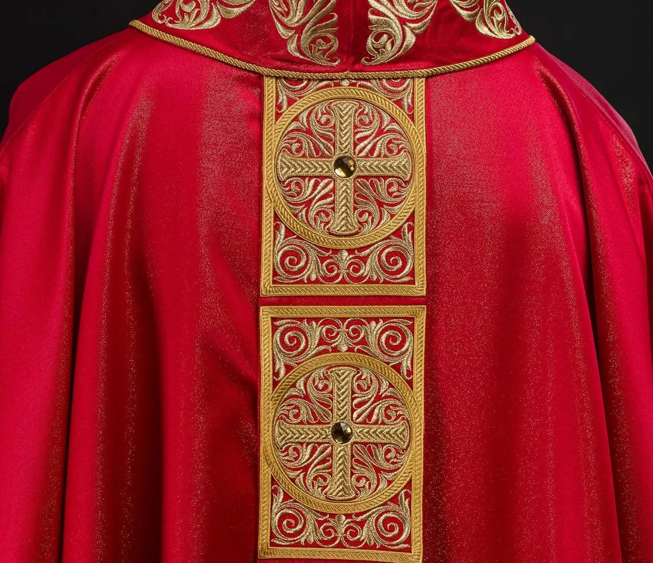 Red Chasuble with Rich Embroidery and Decorative Stones