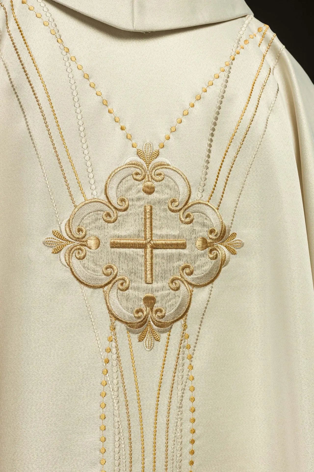 Rosary-inspired shiny fabric chasuble in ecru