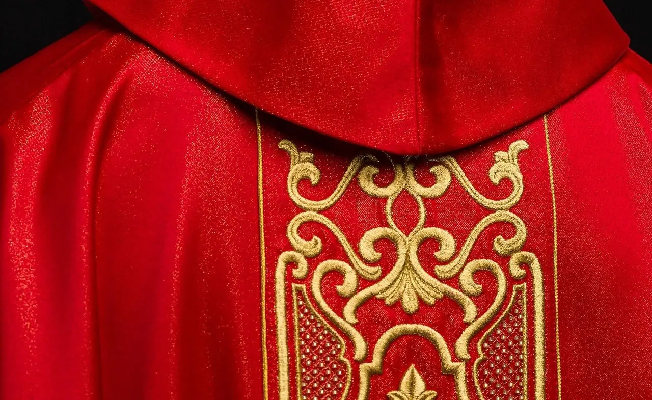 Red chasuble richly embroidered lustre