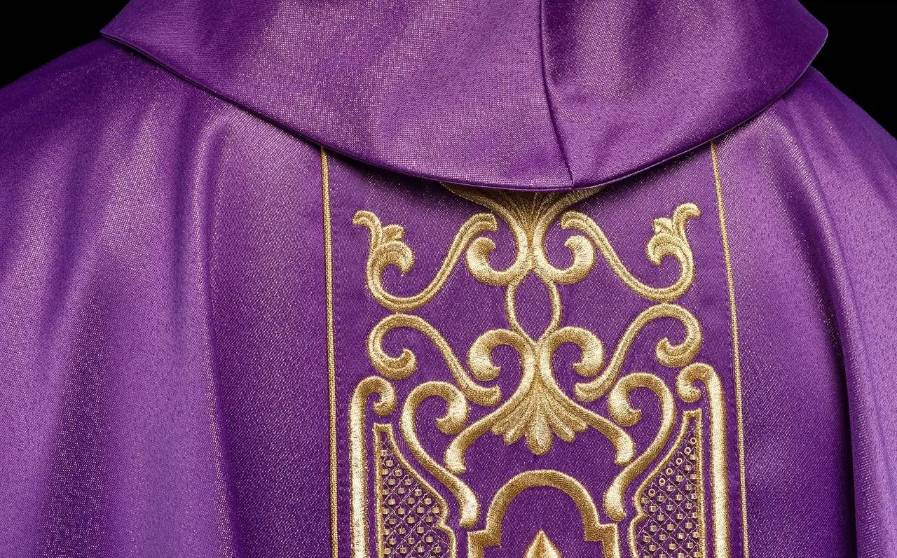 Purple chasuble richly embroidered lustre
