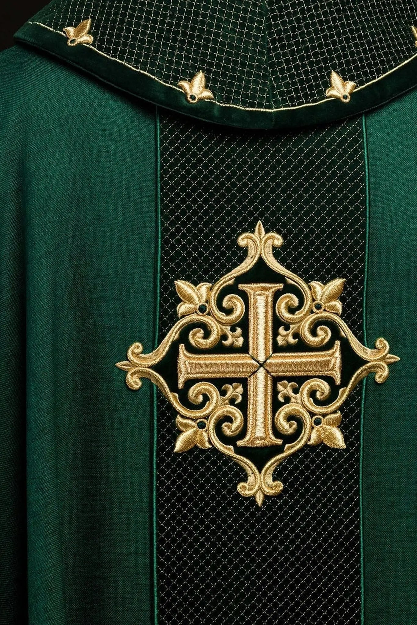 Casulla bordada en terciopelo con el símbolo de la Cruz Verde