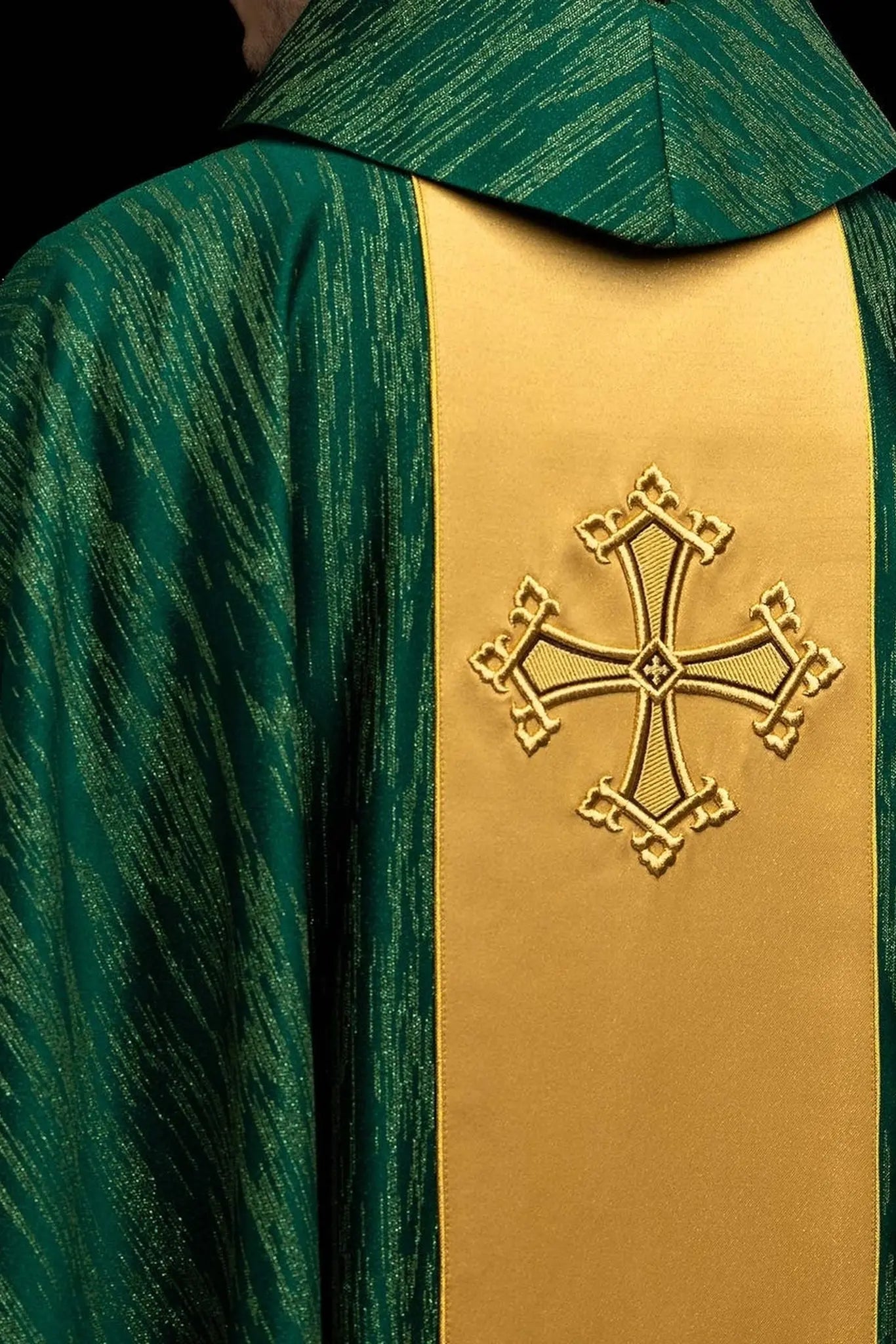 Green Chasuble with Embroidered Cross on Decorative Orphrey