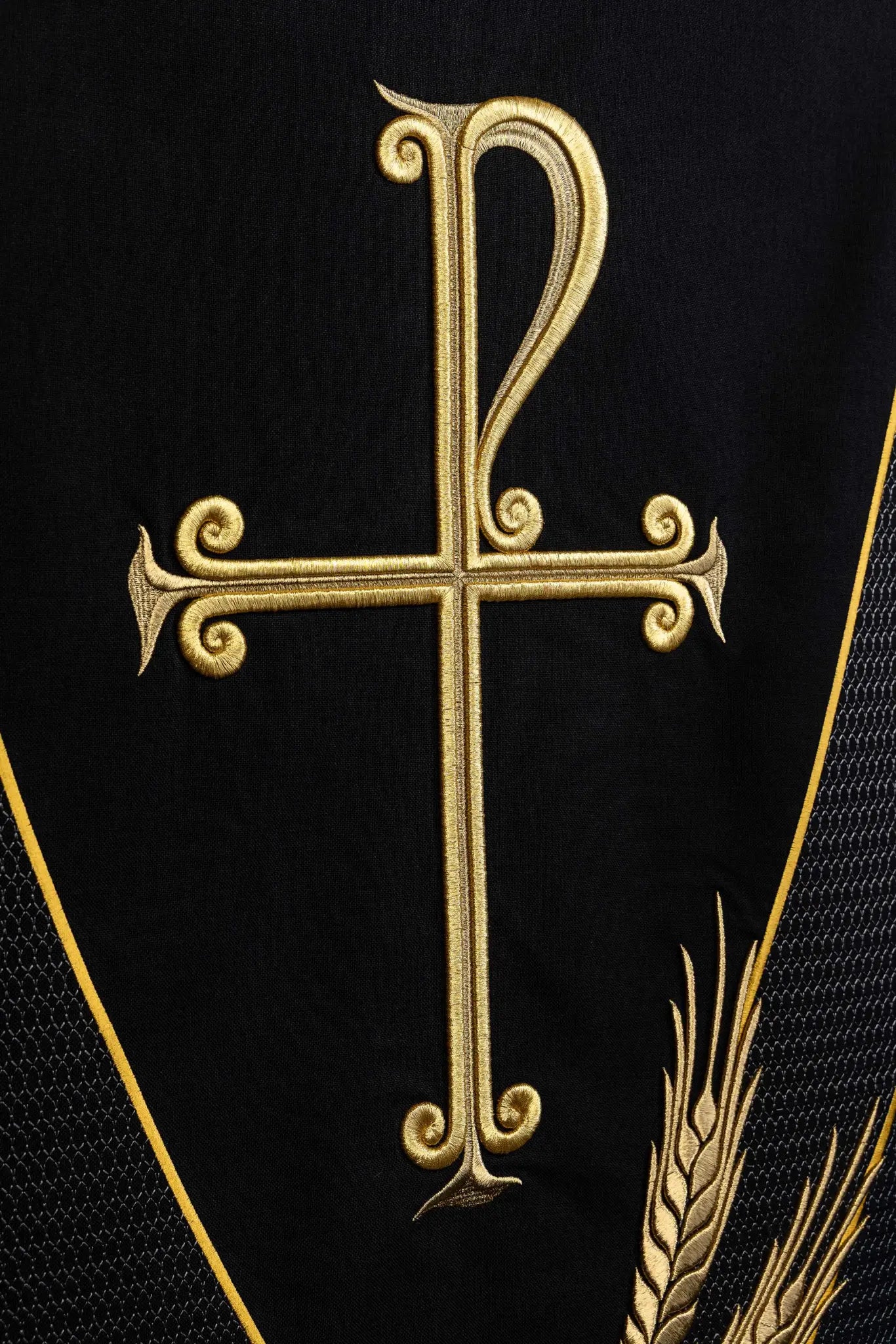 Black lectern cover with gold Chi-Rho and wheat sheaf embroidery