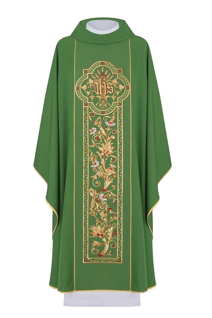 Embroidered chasuble with IHS symbol Green richly decorated