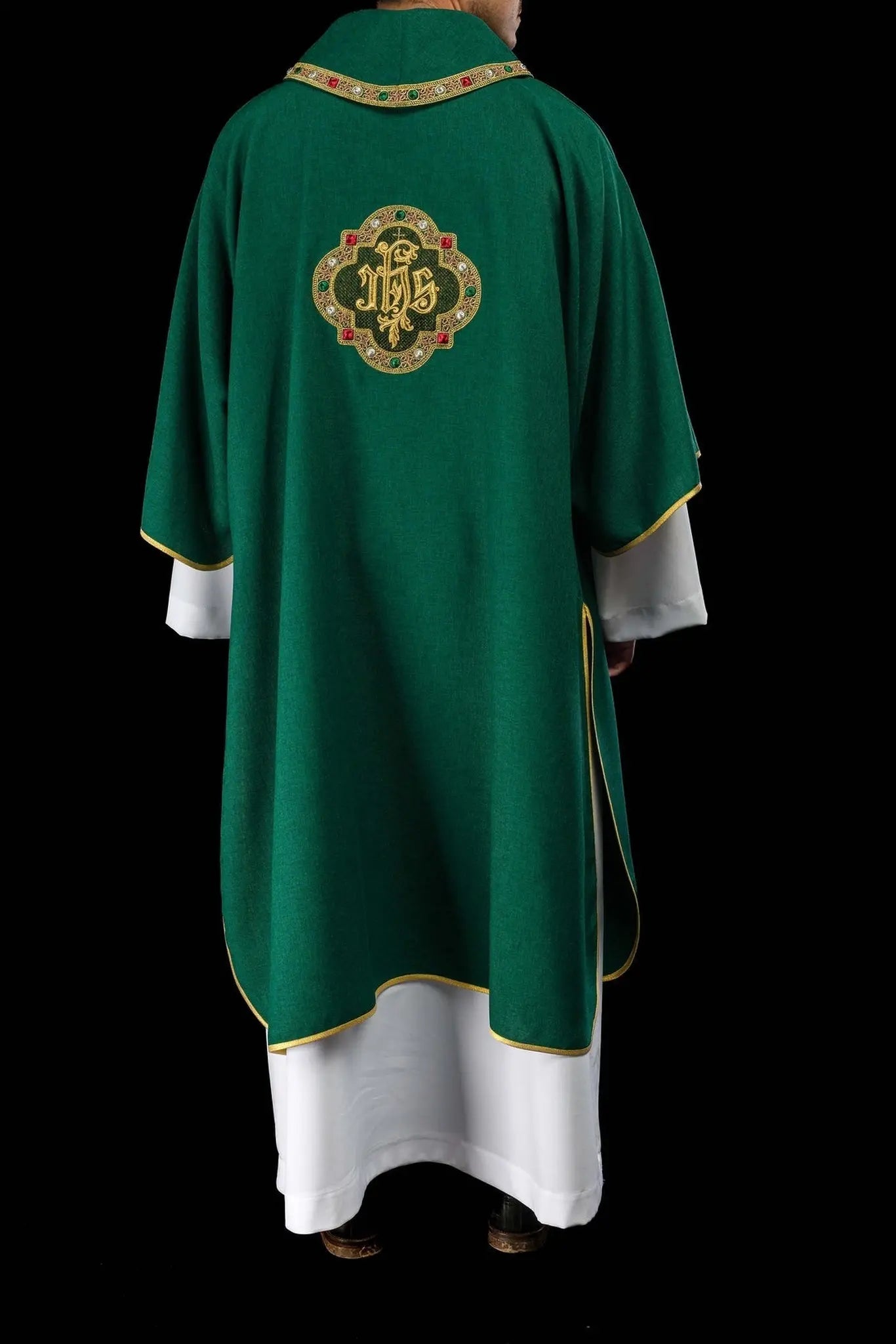 Green Dalmatic with IHS Symbol and Stand-Up Collar
