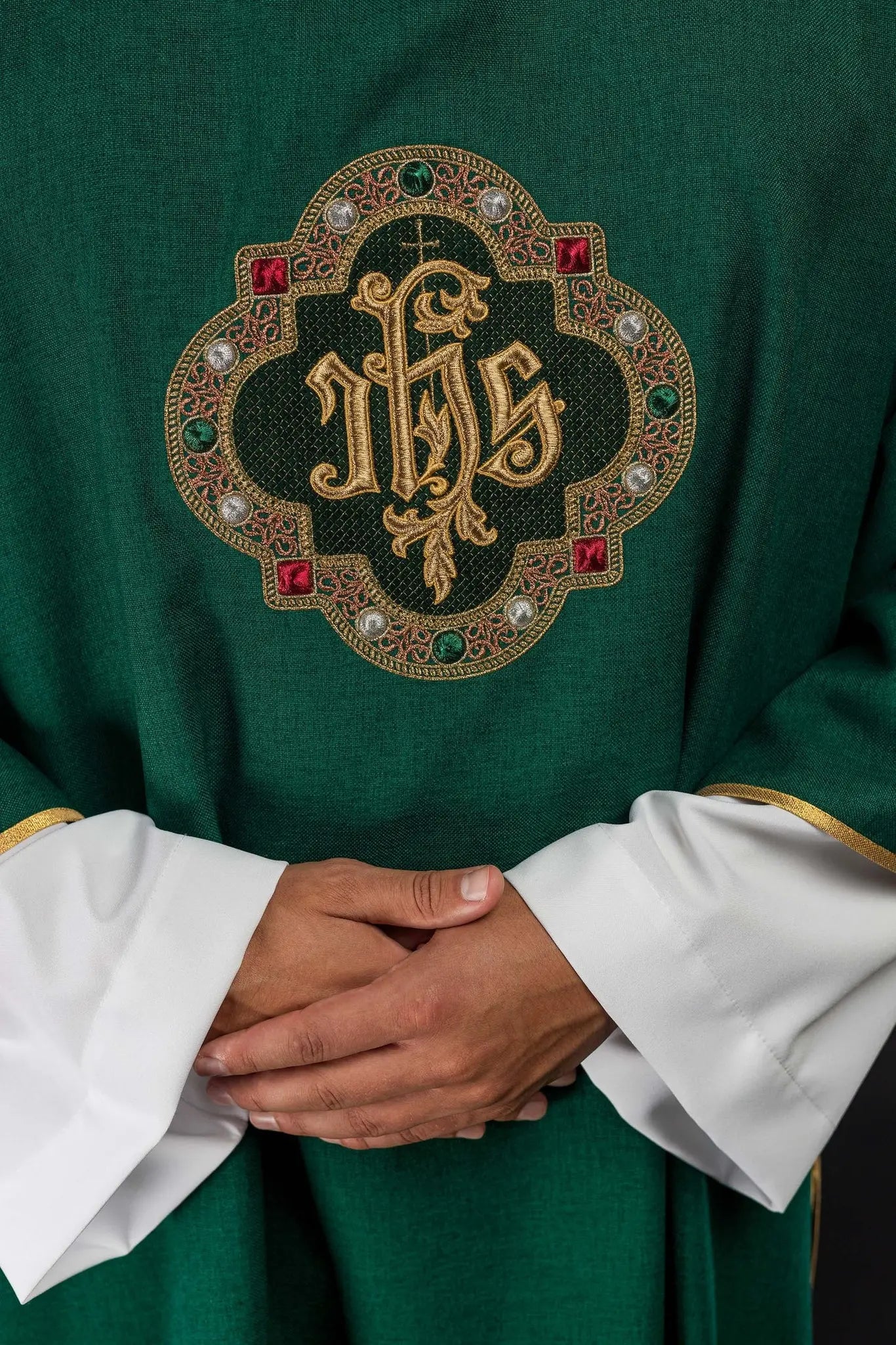 Green Dalmatic with IHS Symbol and Stand-Up Collar