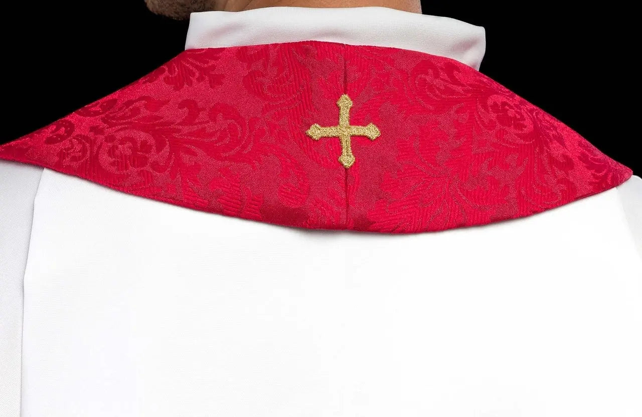 Red Jacquard Stole with Embroidered Cross Motifs