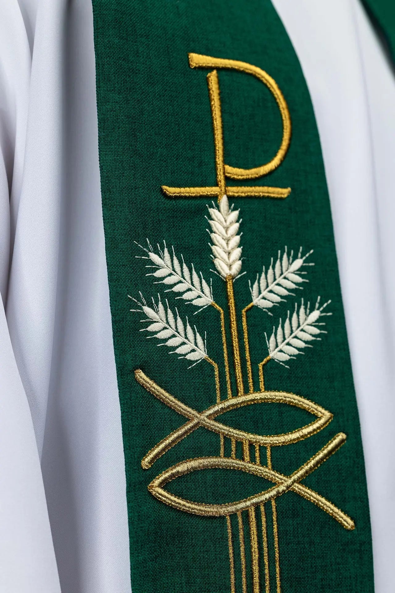 Green Stole with Pax Fish and Wheat Embroidery