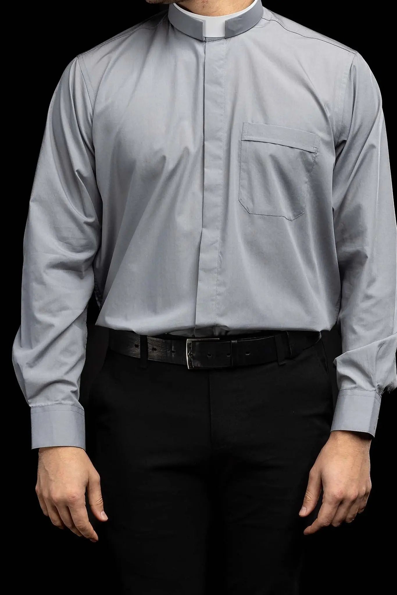 Camisa Clerical Romana Gris Claro de Manga Larga con Solapa de Cuello