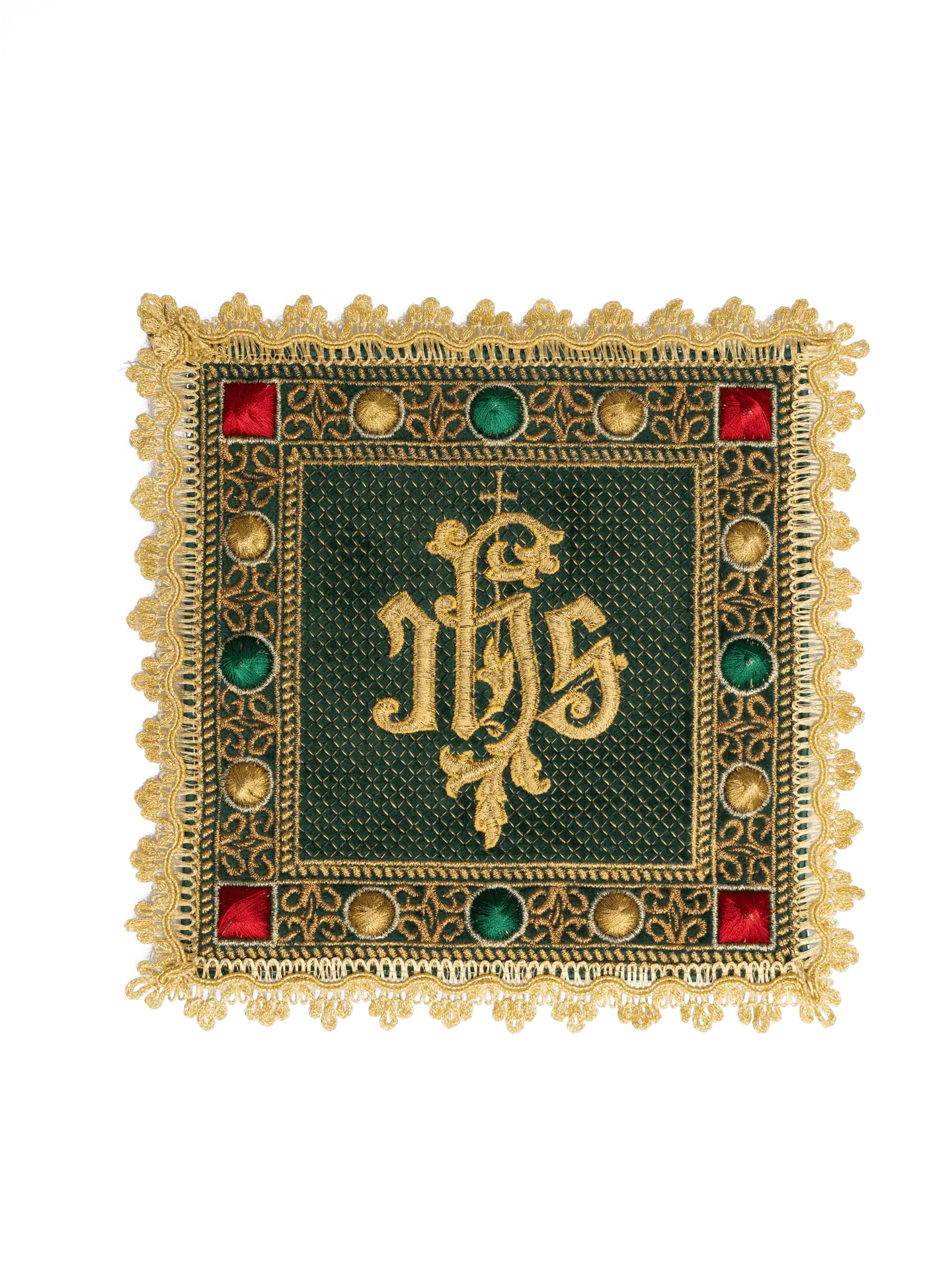 Velvet cup set in green with embroidered IHS symbol