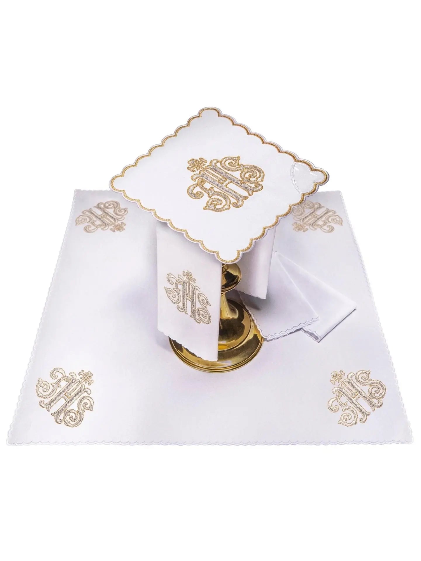 Conjunto de Lino Bordado para Cáliz con Motivo Dorado IHS