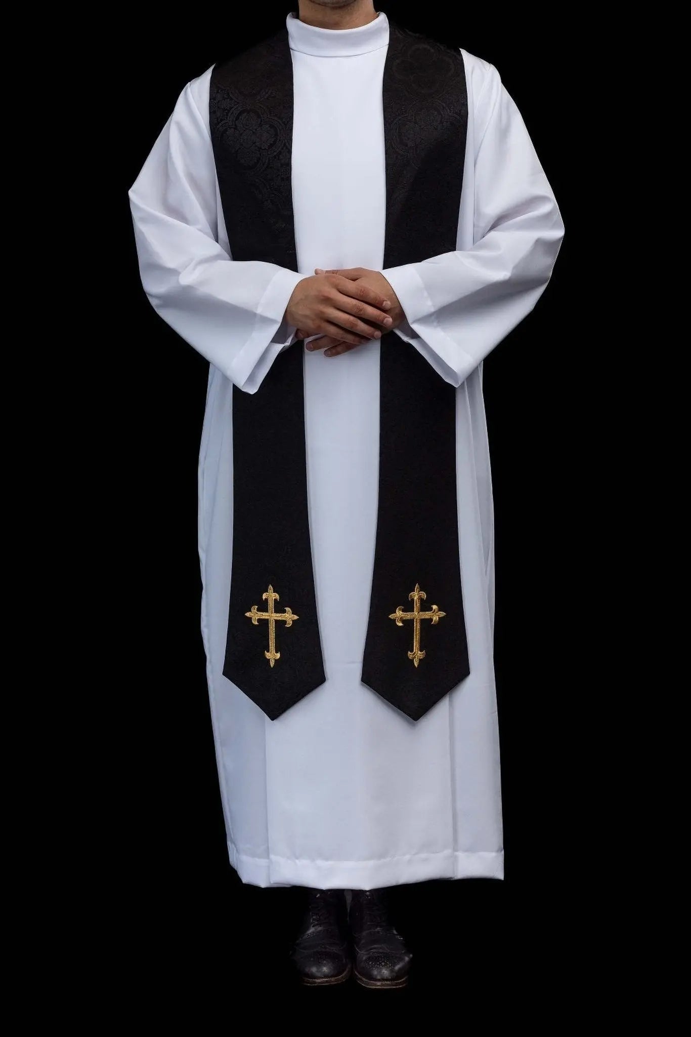 Black Jacquard Stole with Embroidered Crosses - HAFTINA ATELIER